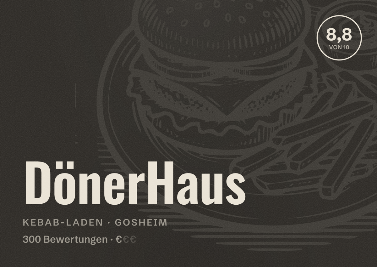 Illustriertes Poster von DönerHaus, Kebab-Laden in Gosheim: Bewertung 8,8 von 10 aus 300 Bewertungen, Preisniveau €