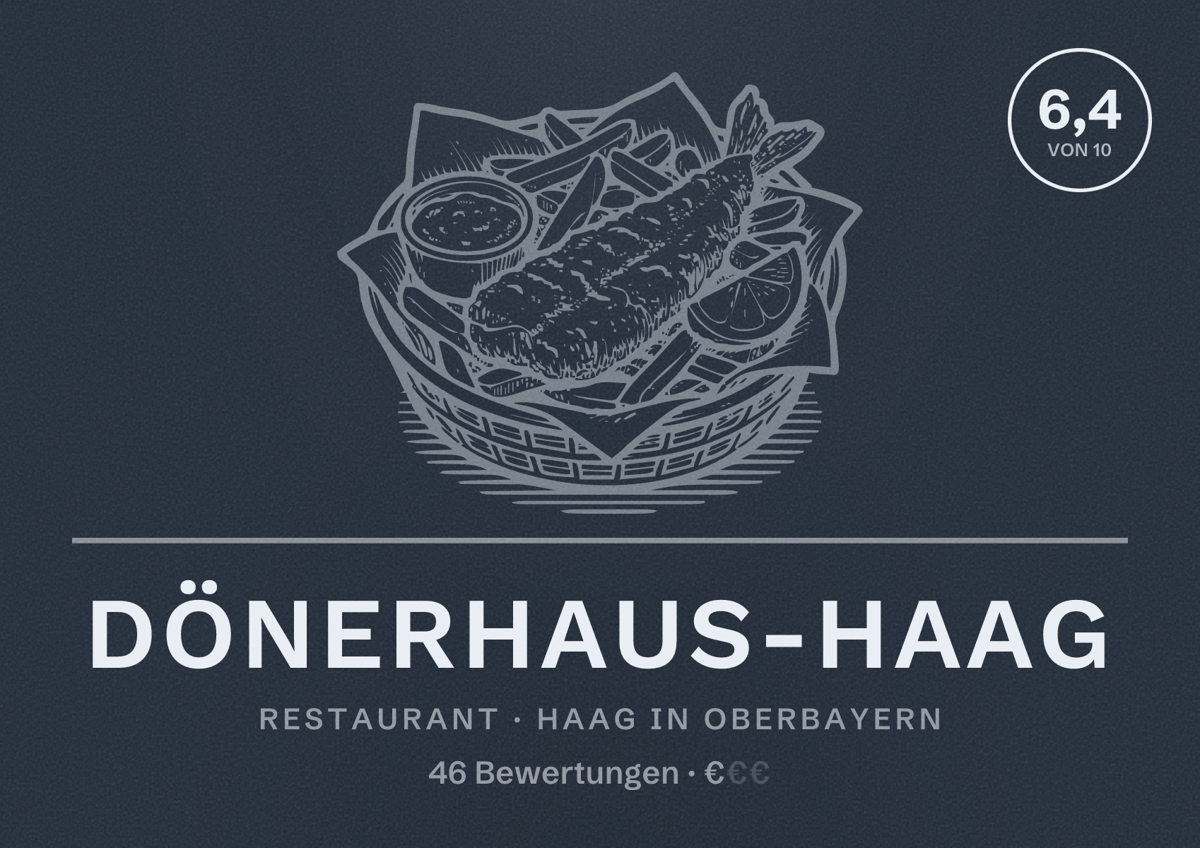 Illustriertes Poster von Dönerhaus-Haag, Restaurant in Haag in Oberbayern: Bewertung 6,4 von 10 aus 46 Bewertungen, Preisniveau €