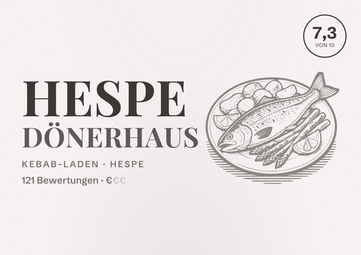 Illustriertes Poster von Hespe Dönerhaus, Kebab-Laden in Hespe: Bewertung 7,3 von 10 aus 121 Bewertungen, Preisniveau €