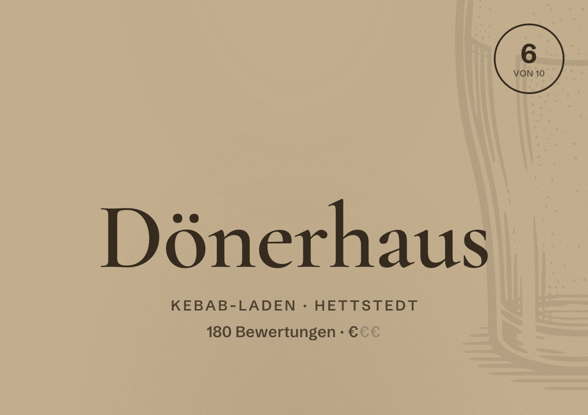 Illustriertes Poster von Dönerhaus, Kebab-Laden in Hettstedt: Bewertung 6 von 10 aus 180 Bewertungen, Preisniveau €