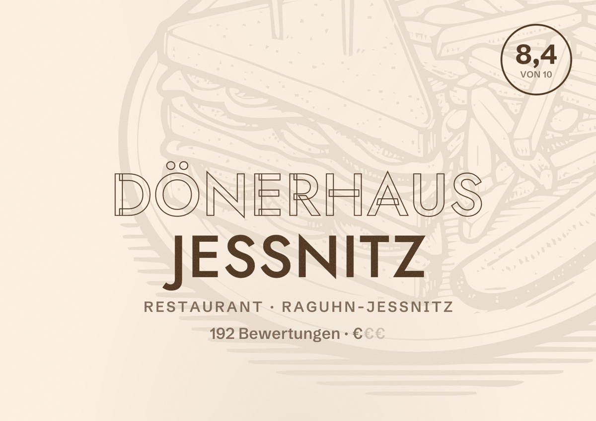Illustriertes Poster von Dönerhaus Jeßnitz, Restaurant in Raguhn-Jeßnitz: Bewertung 8,4 von 10 aus 192 Bewertungen, Preisniveau €