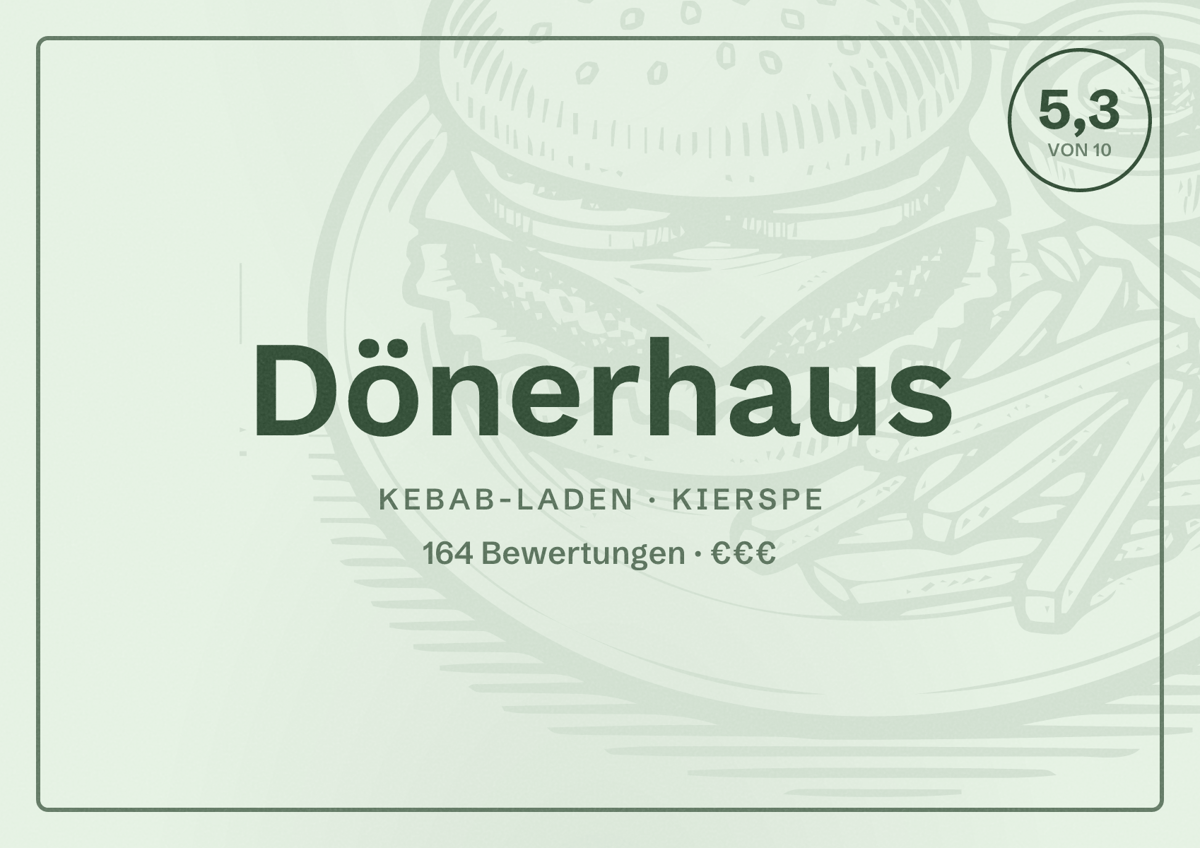 Illustriertes Poster von Dönerhaus, Kebab-Laden in Kierspe: Bewertung 5,3 von 10 aus 164 Bewertungen, Preisniveau €€€