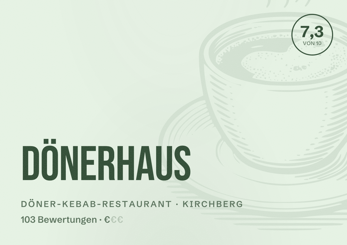 Illustriertes Poster von Dönerhaus, Döner-Kebab-Restaurant in Kirchberg: Bewertung 7,3 von 10 aus 103 Bewertungen, Preisniveau €
