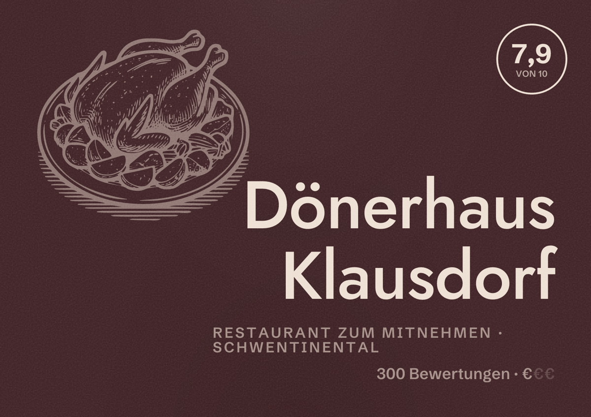 Illustriertes Poster von Dönerhaus Klausdorf, Restaurant zum Mitnehmen in Schwentinental: Bewertung 7,9 von 10 aus 300 Bewertungen, Preisniveau €