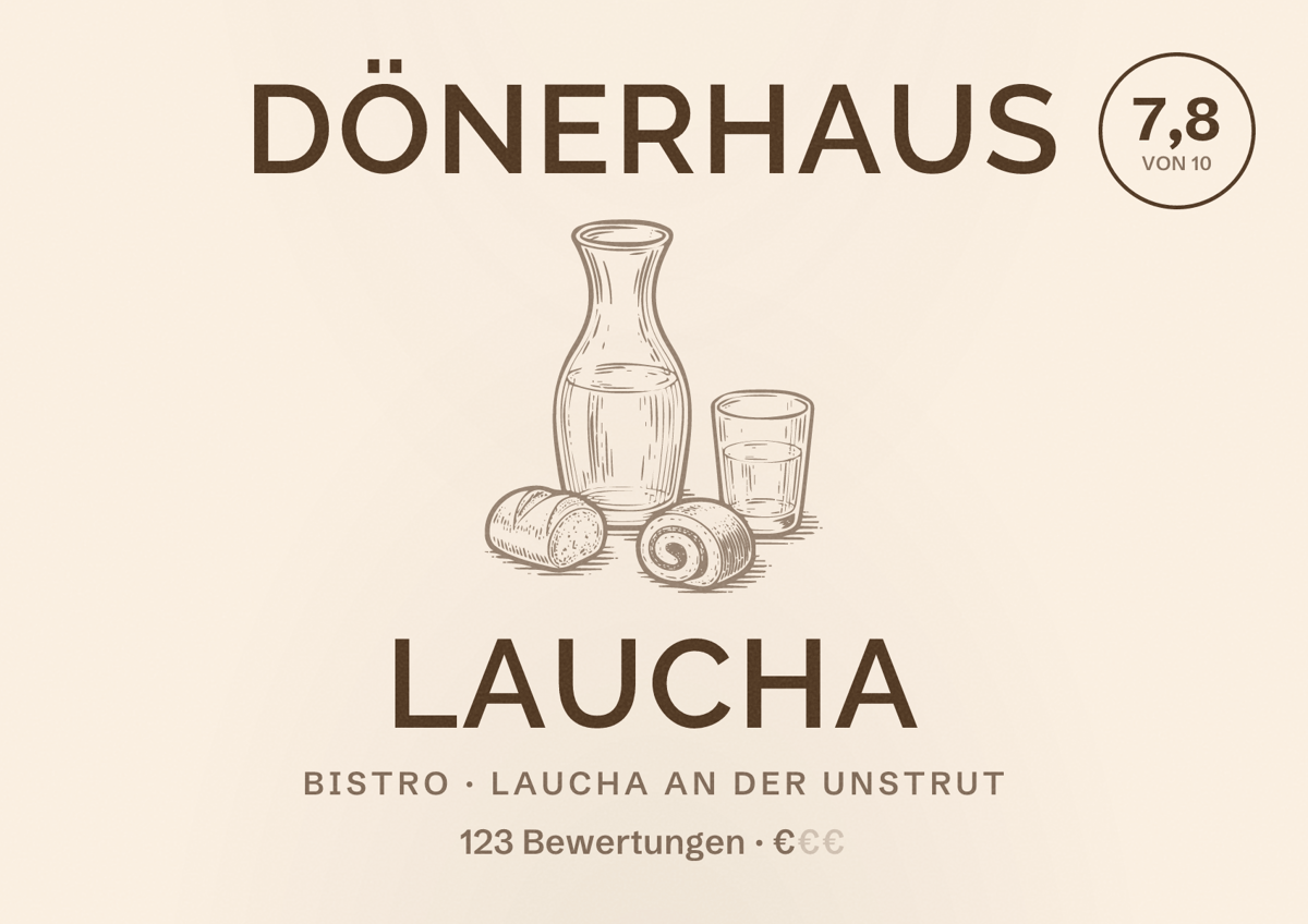 Illustriertes Poster von Dönerhaus Laucha, Bistro in Laucha an der Unstrut: Bewertung 7,8 von 10 aus 123 Bewertungen, Preisniveau €