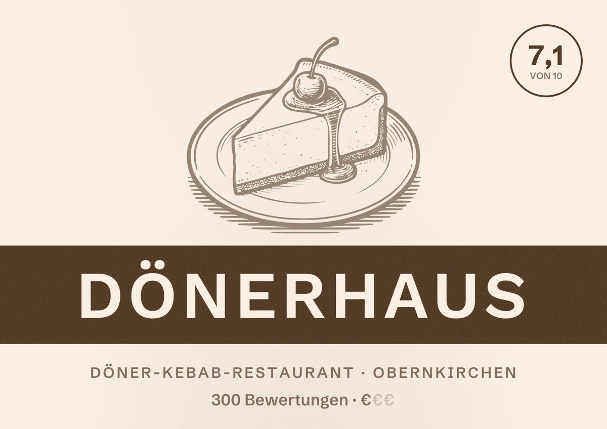 Illustriertes Poster von Dönerhaus, Döner-Kebab-Restaurant in Obernkirchen: Bewertung 7,1 von 10 aus 300 Bewertungen, Preisniveau €