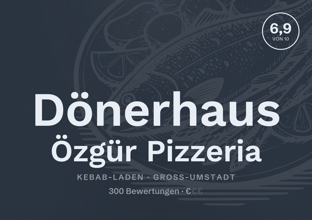 Illustriertes Poster von Dönerhaus Özgür Pizzeria, Kebab-Laden in Groß-Umstadt: Bewertung 6,9 von 10 aus 300 Bewertungen, Preisniveau €