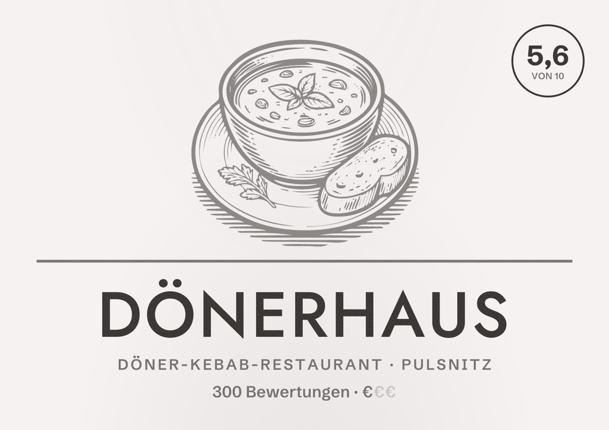 Illustriertes Poster von Dönerhaus, Döner-Kebab-Restaurant in Pulsnitz: Bewertung 5,6 von 10 aus 300 Bewertungen, Preisniveau €