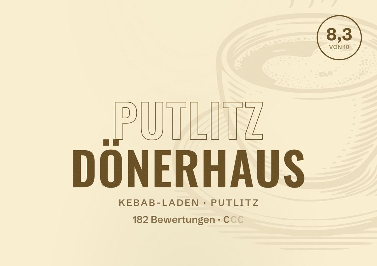 Illustriertes Poster von Putlitz Dönerhaus, Kebab-Laden in Putlitz: Bewertung 8,3 von 10 aus 182 Bewertungen, Preisniveau €