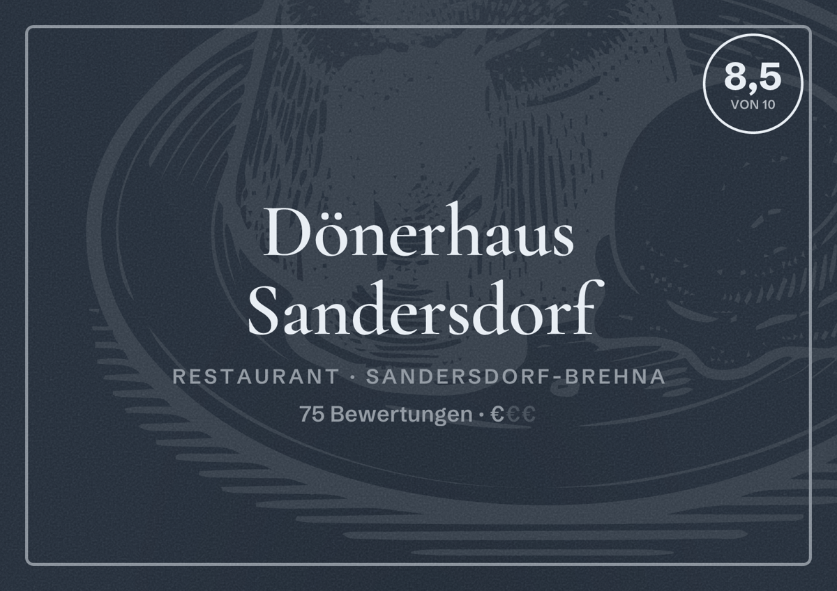 Illustriertes Poster von Dönerhaus Sandersdorf, Restaurant in Sandersdorf-Brehna: Bewertung 8,5 von 10 aus 75 Bewertungen, Preisniveau €
