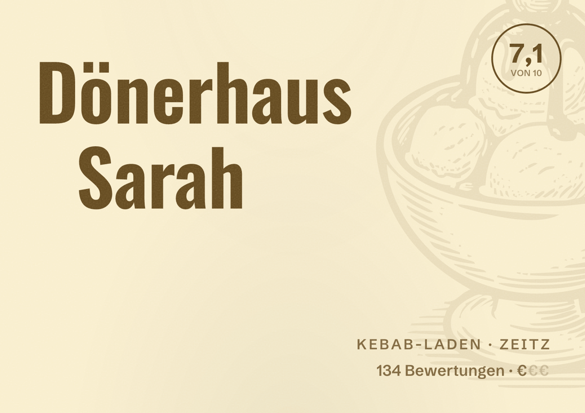 Illustriertes Poster von Dönerhaus Sarah, Kebab-Laden in Zeitz: Bewertung 7,1 von 10 aus 134 Bewertungen, Preisniveau €