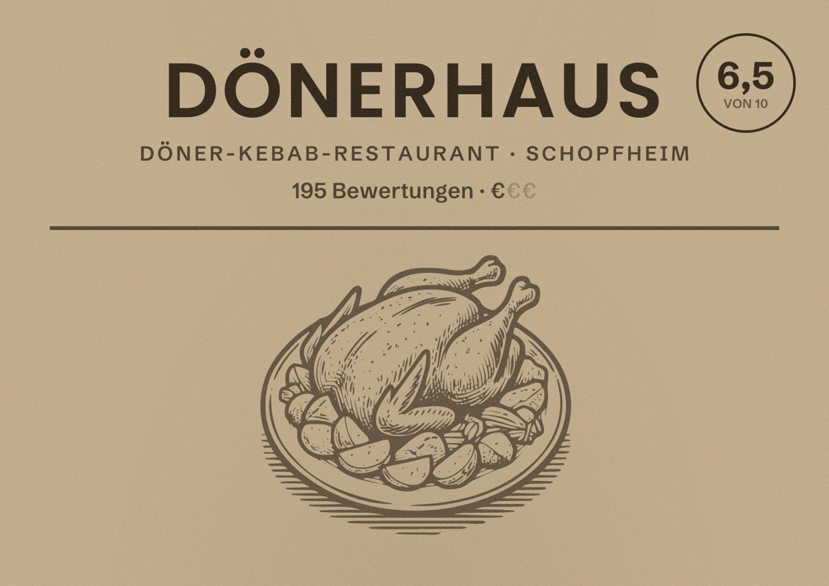 Illustriertes Poster von Dönerhaus, Döner-Kebab-Restaurant in Schopfheim: Bewertung 6,5 von 10 aus 195 Bewertungen, Preisniveau €
