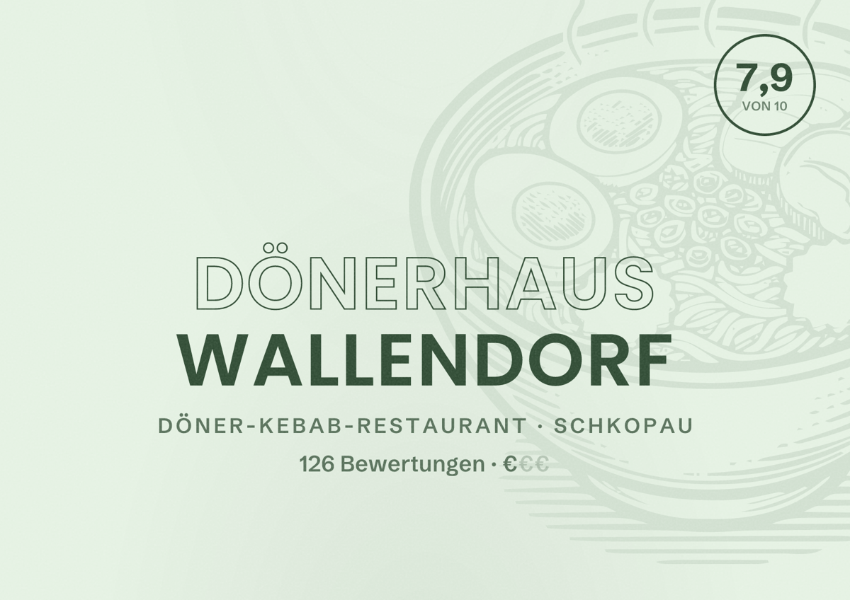 Illustriertes Poster von Dönerhaus Wallendorf, Döner-Kebab-Restaurant in Schkopau: Bewertung 7,9 von 10 aus 126 Bewertungen, Preisniveau €