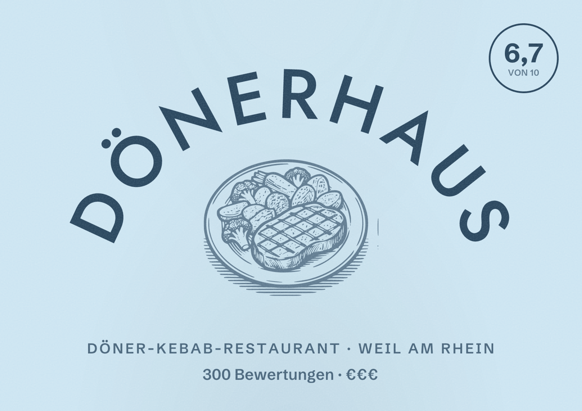 Illustriertes Poster von Dönerhaus, Döner-Kebab-Restaurant in Weil am Rhein: Bewertung 6,7 von 10 aus 300 Bewertungen, Preisniveau €€€