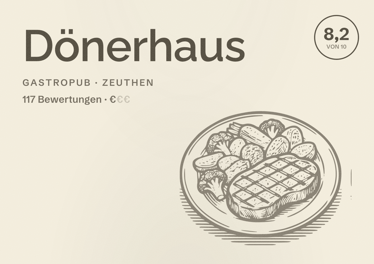 Illustriertes Poster von Dönerhaus, Gastropub in Zeuthen: Bewertung 8,2 von 10 aus 117 Bewertungen, Preisniveau €