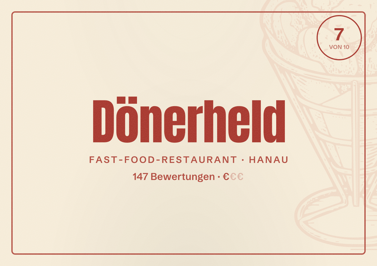 Illustriertes Poster von Dönerheld, Fast-Food-Restaurant in Hanau: Bewertung 7 von 10 aus 147 Bewertungen, Preisniveau €