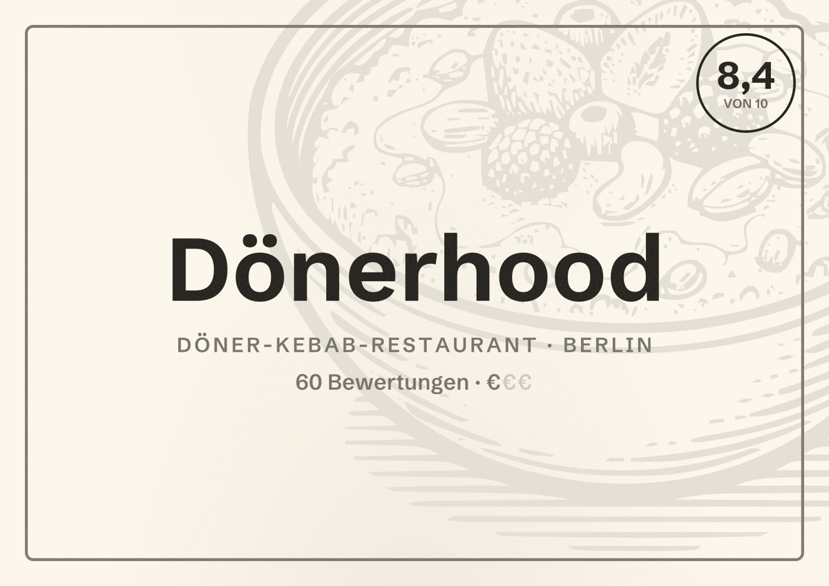 Illustriertes Poster von Dönerhood, Döner-Kebab-Restaurant in Berlin: Bewertung 8,4 von 10 aus 60 Bewertungen, Preisniveau €
