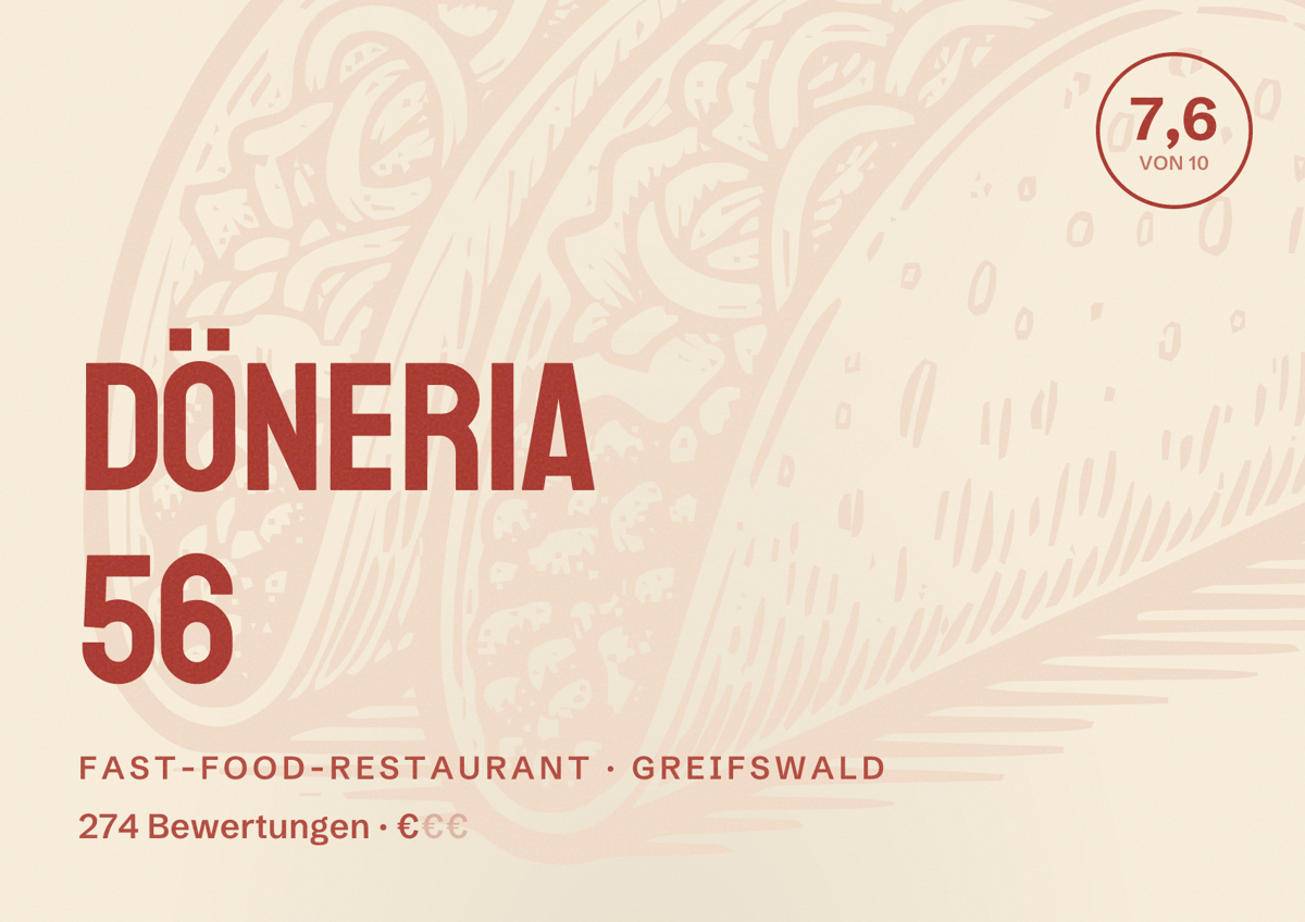 Illustriertes Poster von Döneria 56, Fast-Food-Restaurant in Greifswald: Bewertung 7,6 von 10 aus 274 Bewertungen, Preisniveau €