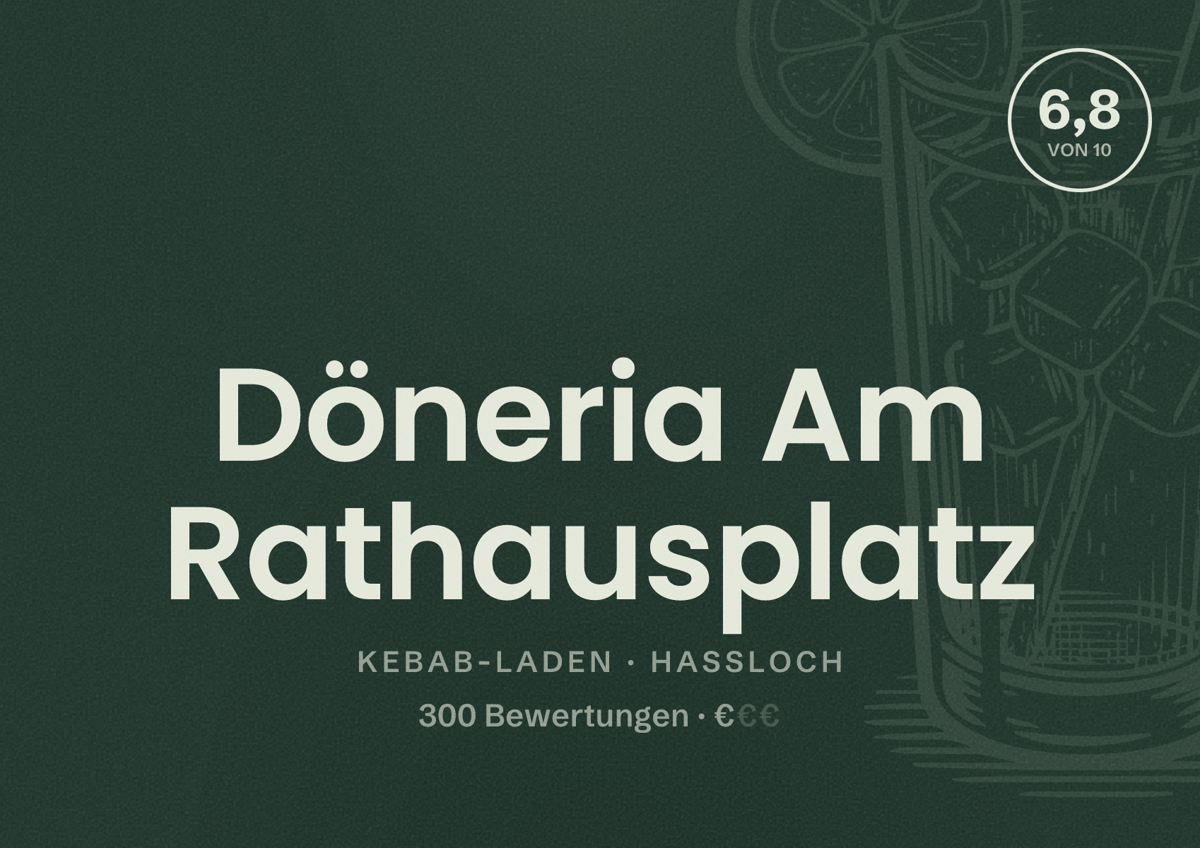 Illustriertes Poster von Döneria Am Rathausplatz, Kebab-Laden in Haßloch: Bewertung 6,8 von 10 aus 300 Bewertungen, Preisniveau €