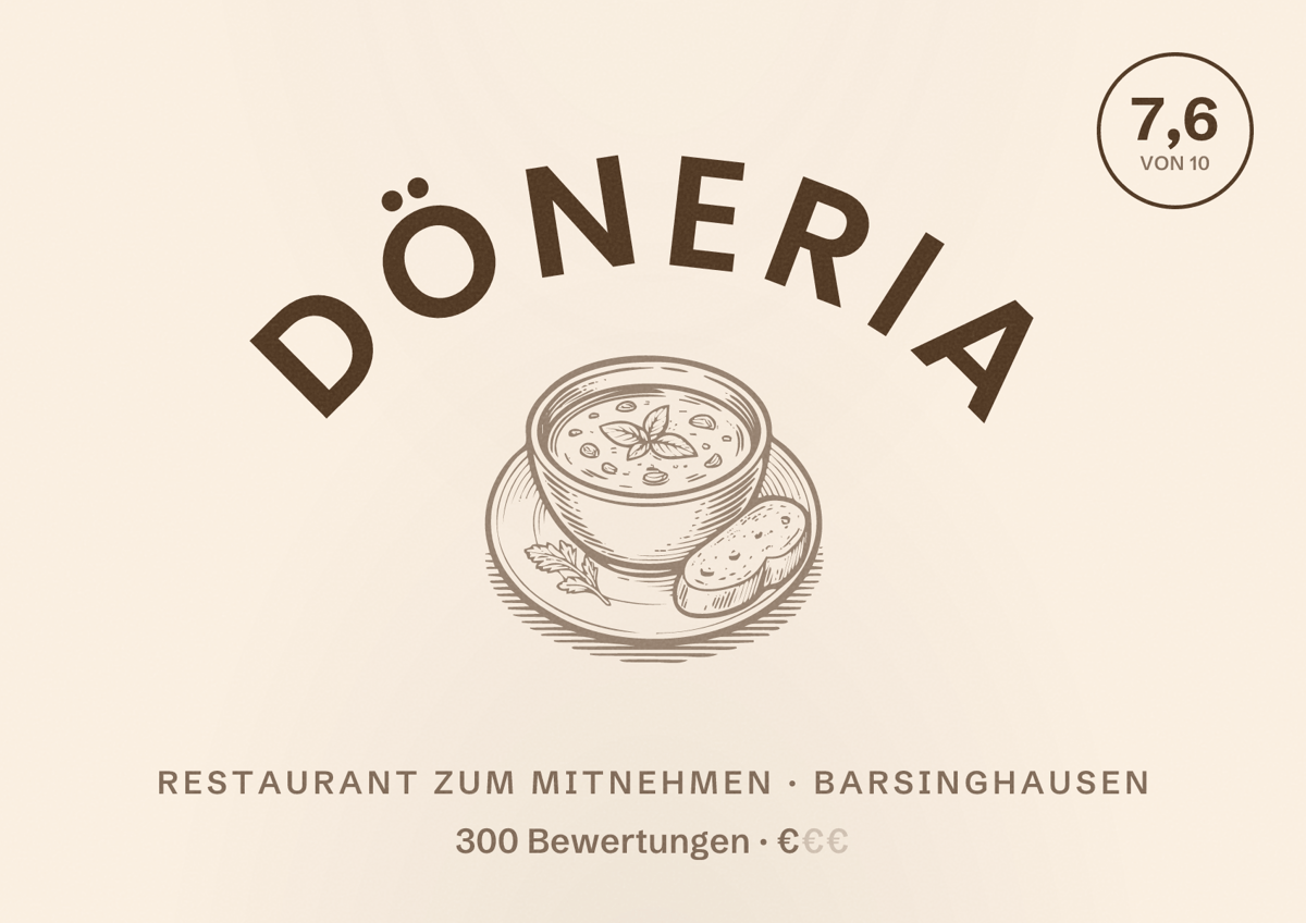 Illustriertes Poster von Döneria, Restaurant zum Mitnehmen in Barsinghausen: Bewertung 7,6 von 10 aus 300 Bewertungen, Preisniveau €
