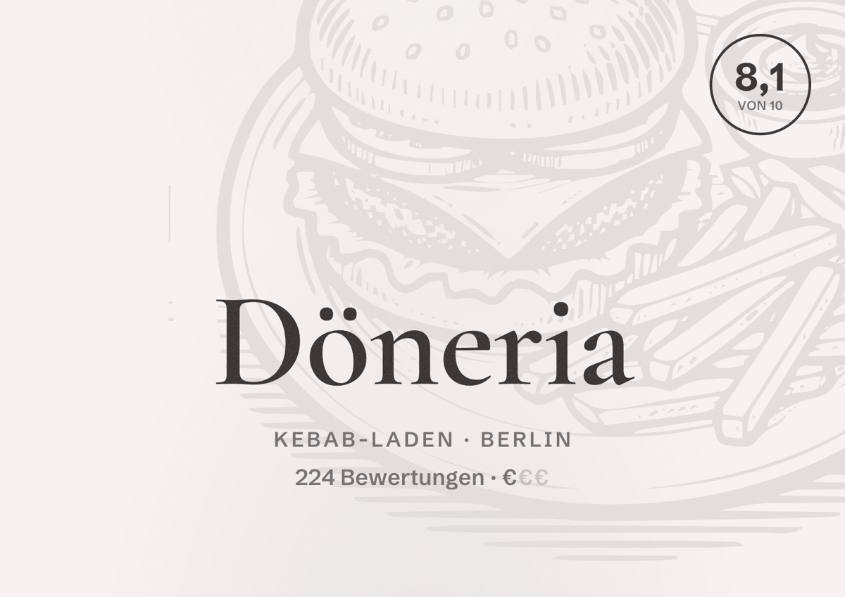 Illustriertes Poster von Döneria, Kebab-Laden in Berlin: Bewertung 8,1 von 10 aus 224 Bewertungen, Preisniveau €