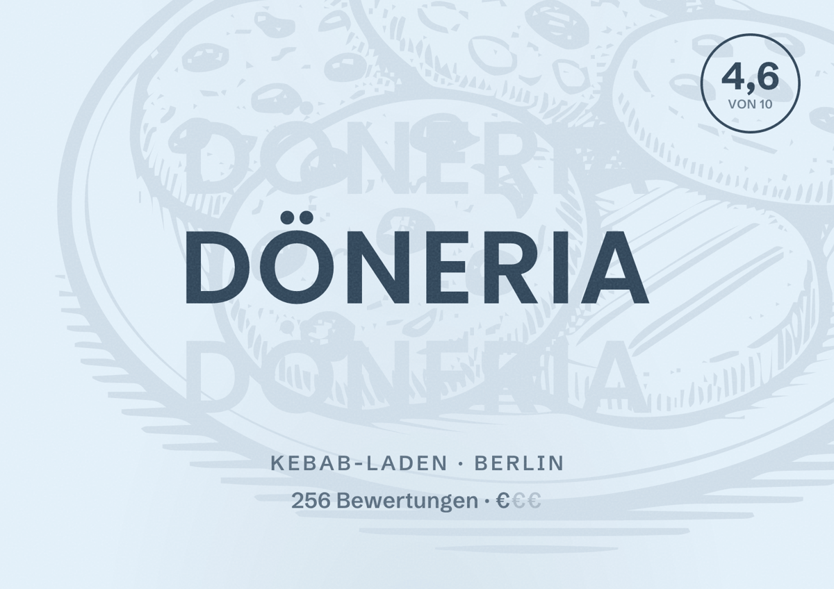 Illustriertes Poster von DÖNERIA, Kebab-Laden in Berlin: Bewertung 4,6 von 10 aus 256 Bewertungen, Preisniveau €