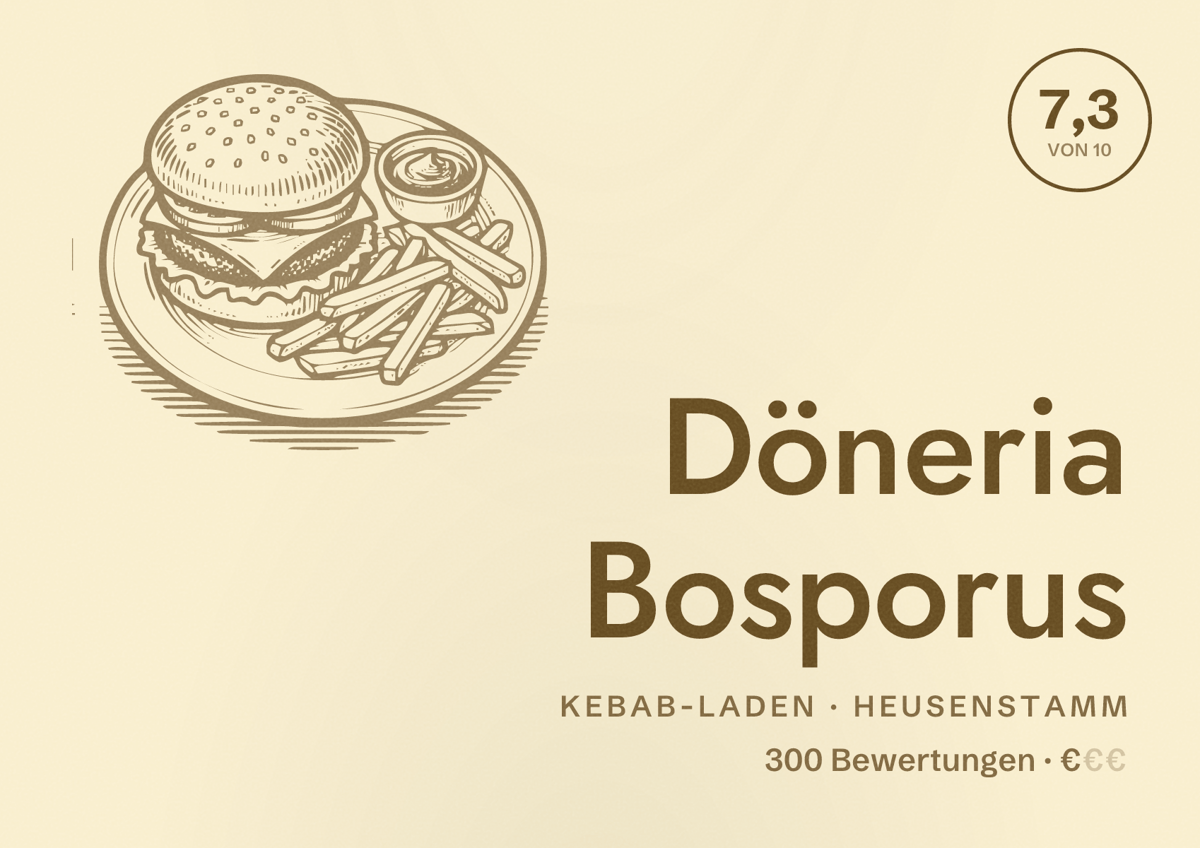 Illustriertes Poster von Döneria Bosporus, Kebab-Laden in Heusenstamm: Bewertung 7,3 von 10 aus 300 Bewertungen, Preisniveau €