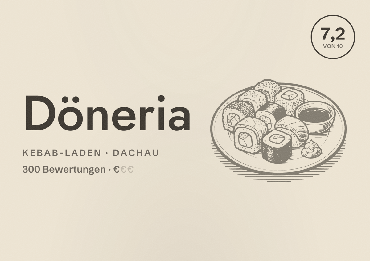 Illustriertes Poster von Döneria, Kebab-Laden in Dachau: Bewertung 7,2 von 10 aus 300 Bewertungen, Preisniveau €