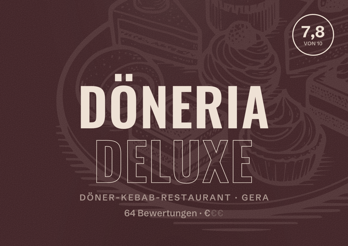 Illustriertes Poster von Döneria Deluxe, Döner-Kebab-Restaurant in Gera: Bewertung 7,8 von 10 aus 64 Bewertungen, Preisniveau €