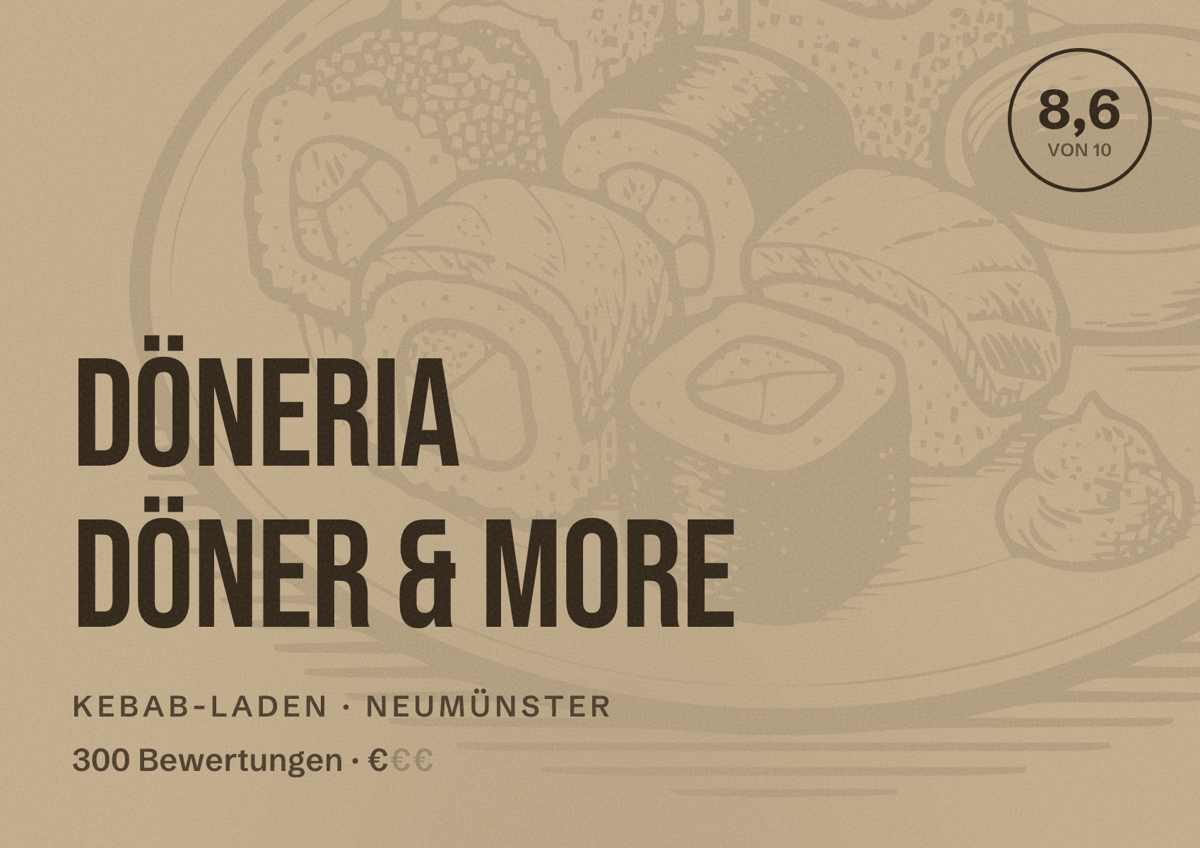 Illustriertes Poster von Döneria Döner & More, Kebab-Laden in Neumünster: Bewertung 8,6 von 10 aus 300 Bewertungen, Preisniveau €