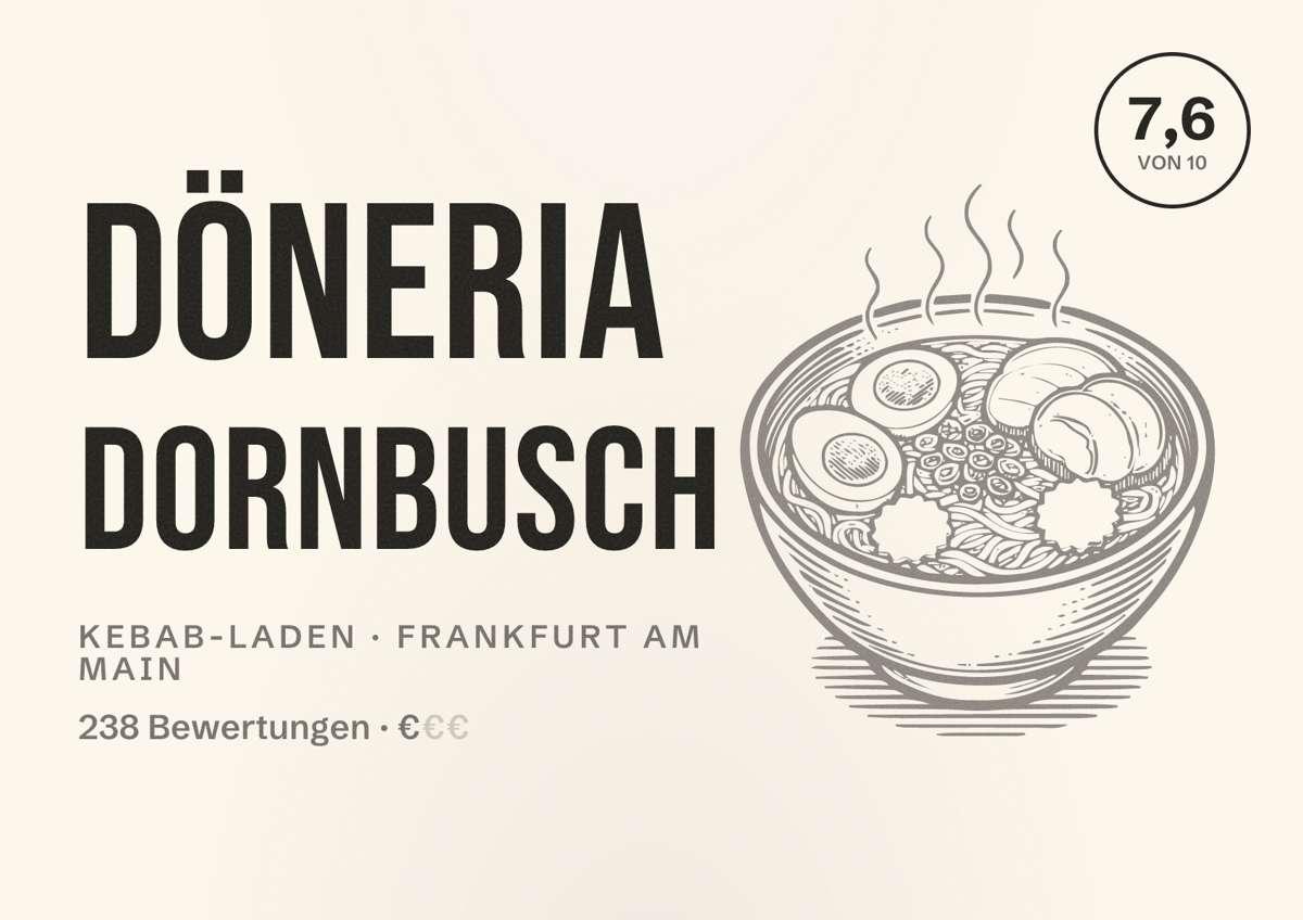 Illustriertes Poster von Döneria Dornbusch, Kebab-Laden in Frankfurt am Main: Bewertung 7,6 von 10 aus 238 Bewertungen, Preisniveau €