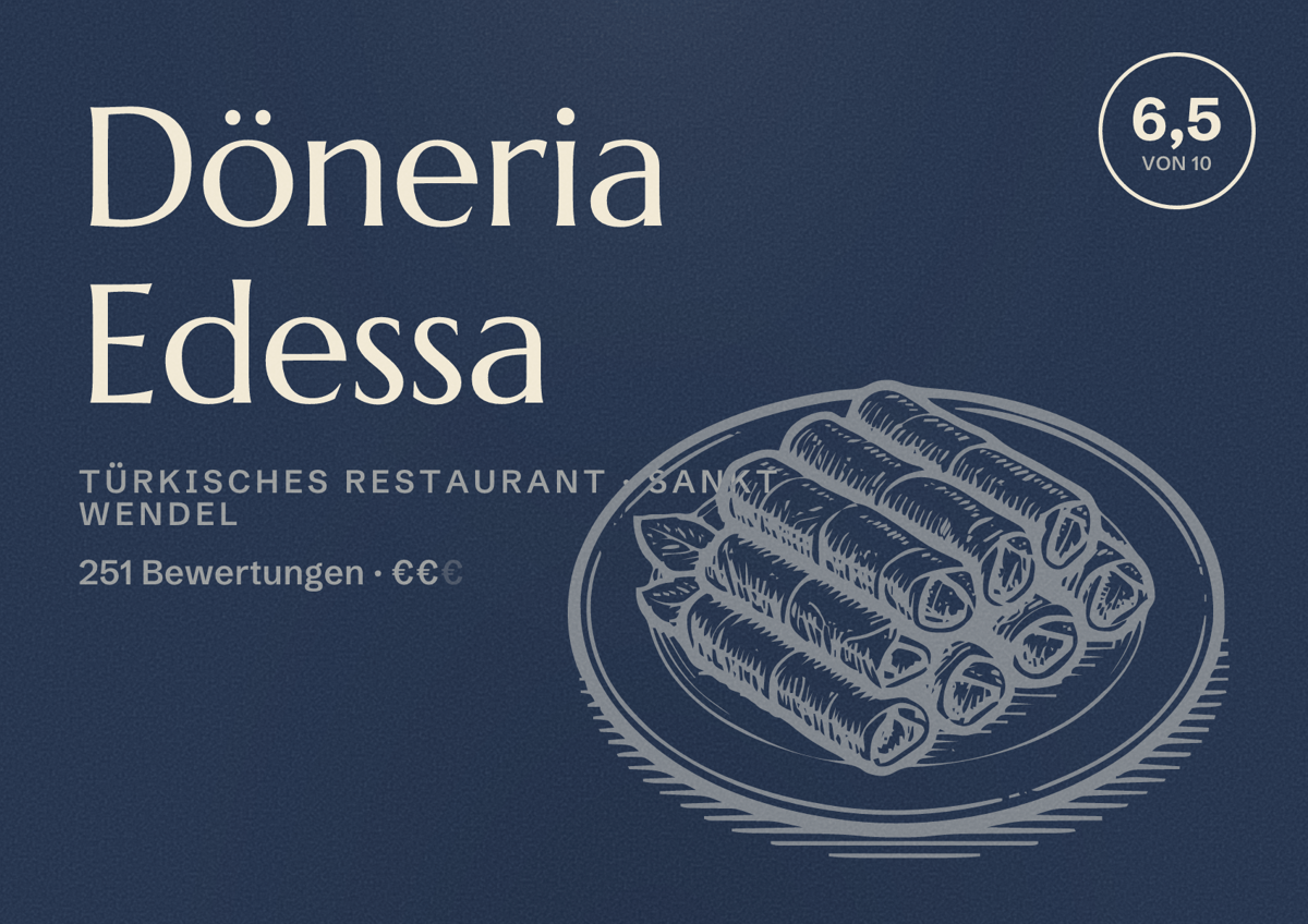Illustriertes Poster von Döneria Edessa, Türkisches Restaurant in Sankt Wendel: Bewertung 6,5 von 10 aus 251 Bewertungen, Preisniveau €€