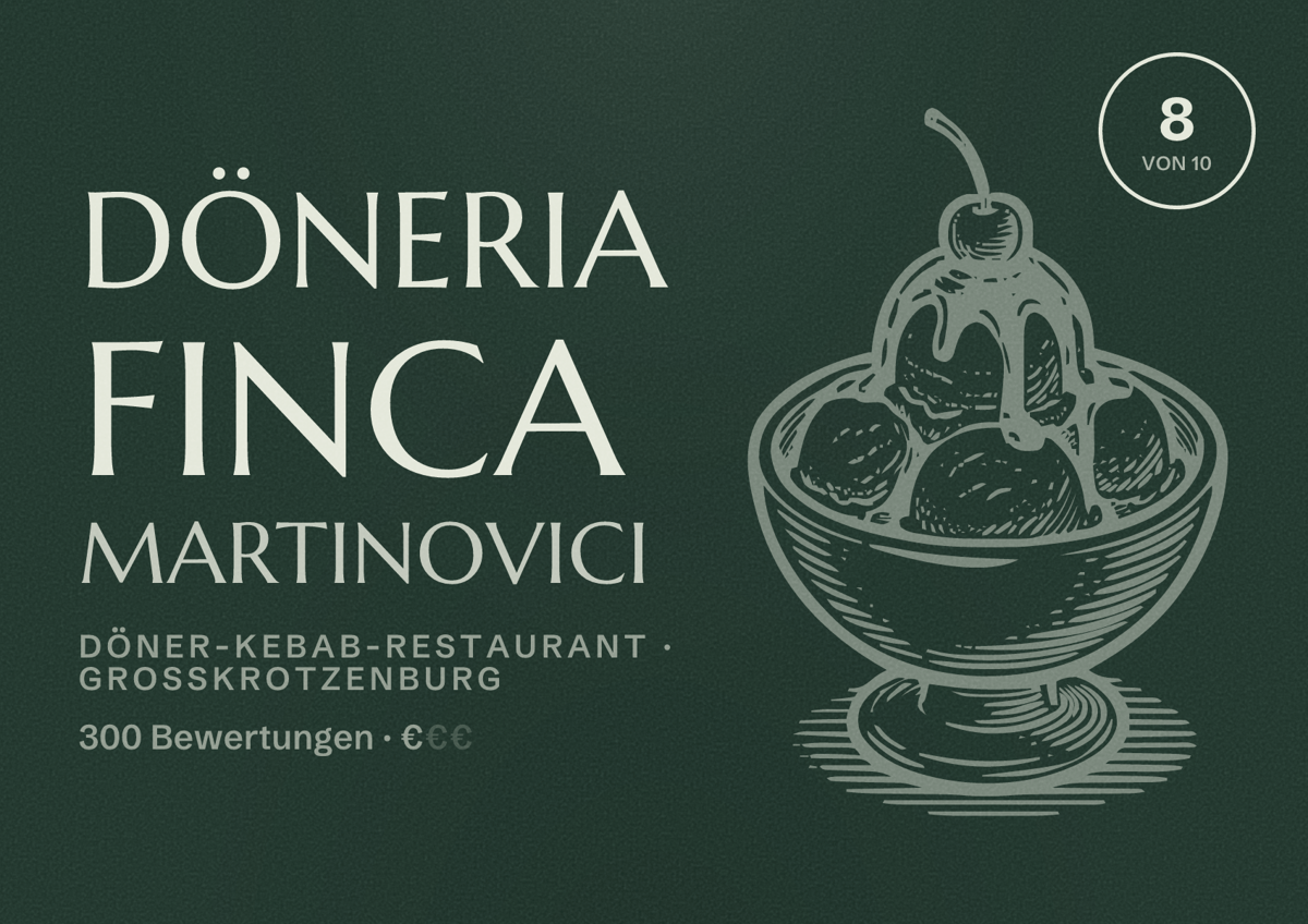Illustriertes Poster von Döneria Finca Martinovici, Döner-Kebab-Restaurant in Großkrotzenburg: Bewertung 8 von 10 aus 300 Bewertungen, Preisniveau €