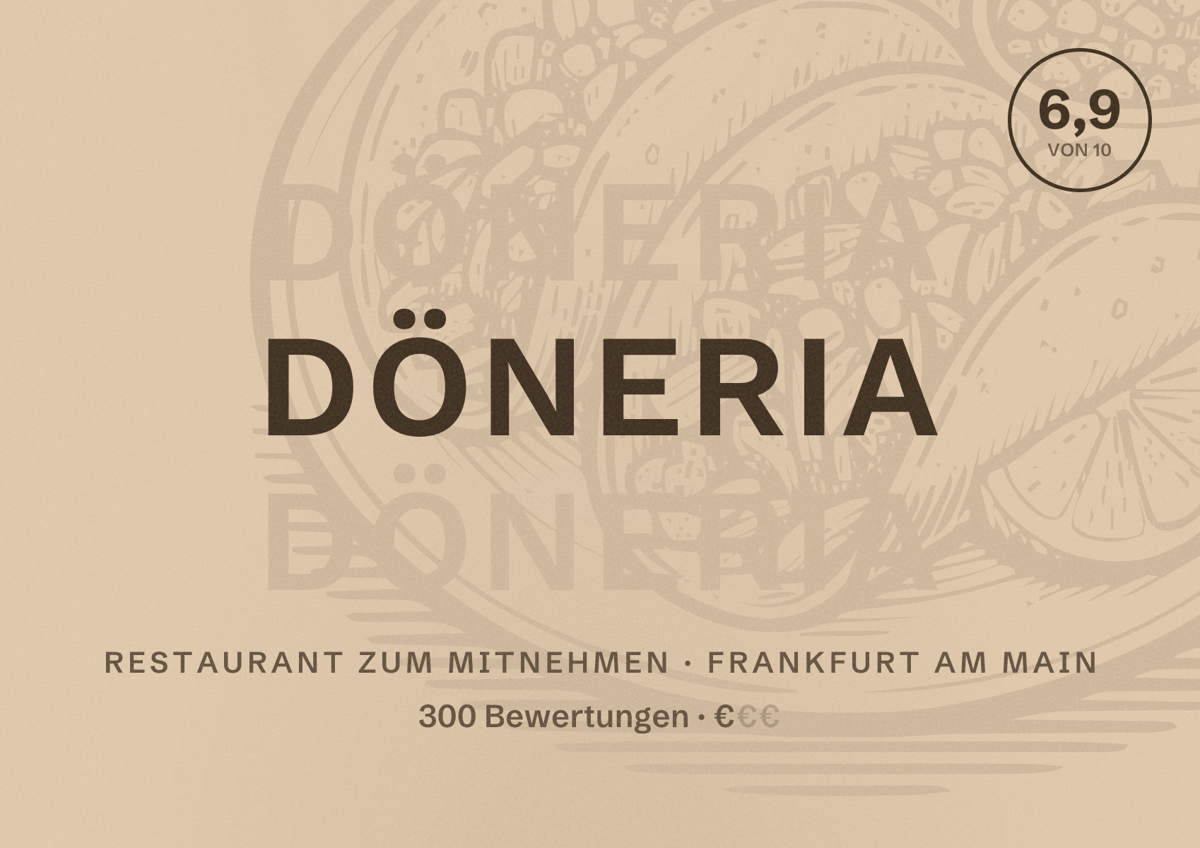 Illustriertes Poster von Döneria, Restaurant zum Mitnehmen in Frankfurt am Main: Bewertung 6,9 von 10 aus 300 Bewertungen, Preisniveau €