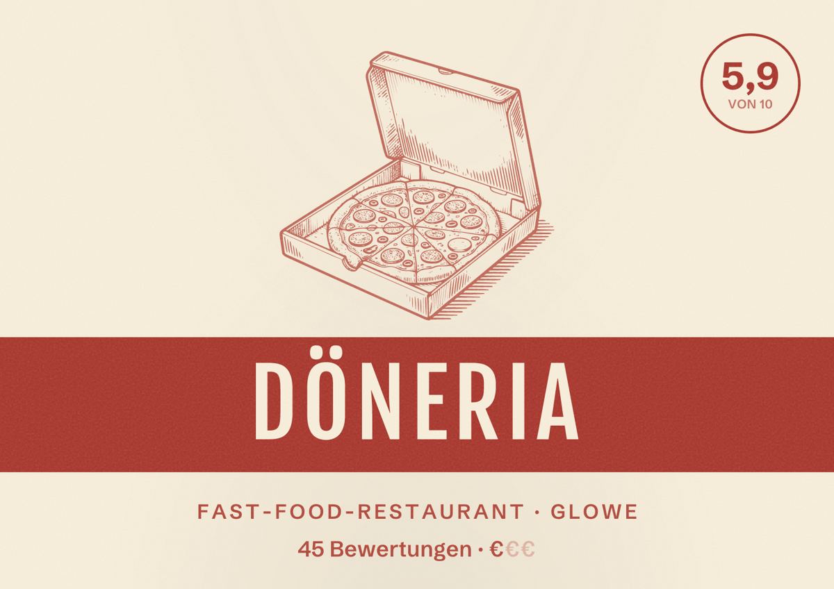 Illustriertes Poster von Döneria, Fast-Food-Restaurant in Glowe: Bewertung 5,9 von 10 aus 45 Bewertungen, Preisniveau €