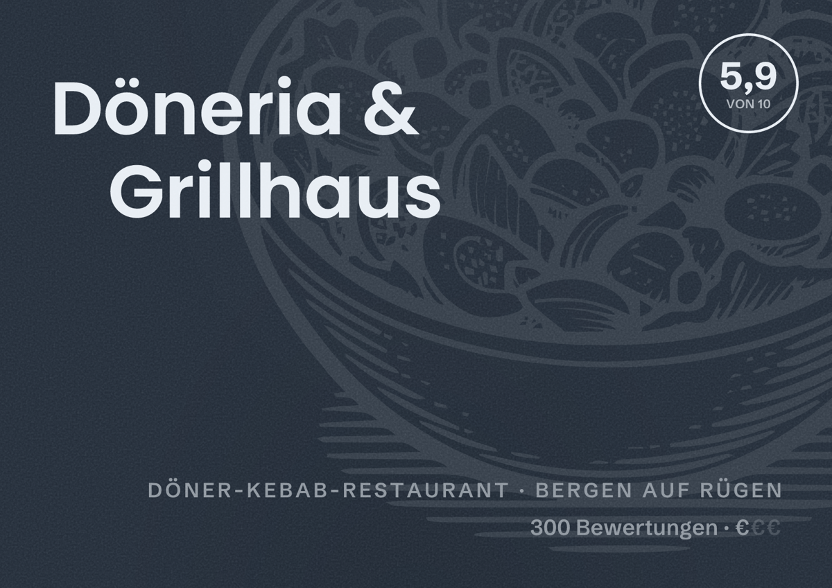 Illustriertes Poster von Döneria & Grillhaus, Döner-Kebab-Restaurant in Bergen auf Rügen: Bewertung 5,9 von 10 aus 300 Bewertungen, Preisniveau €