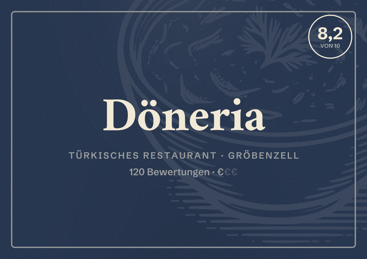 Illustriertes Poster von Döneria, Türkisches Restaurant in Gröbenzell: Bewertung 8,2 von 10 aus 120 Bewertungen, Preisniveau €
