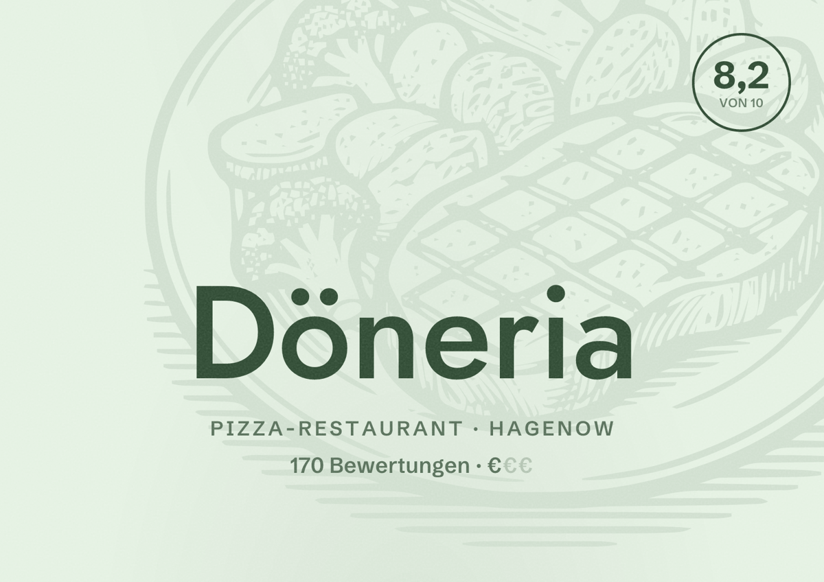 Illustriertes Poster von Döneria, Pizza-Restaurant in Hagenow: Bewertung 8,2 von 10 aus 170 Bewertungen, Preisniveau €