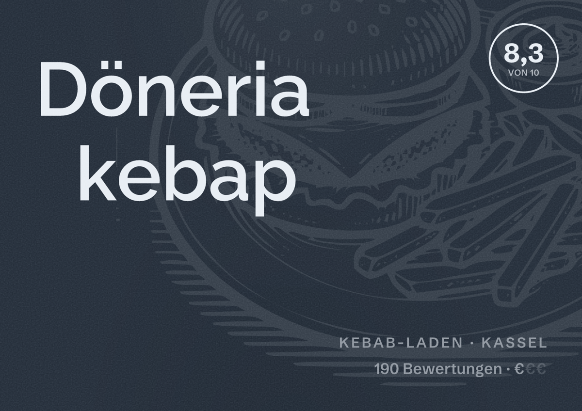 Illustriertes Poster von Döneria kebap, Kebab-Laden in Kassel: Bewertung 8,3 von 10 aus 190 Bewertungen, Preisniveau €