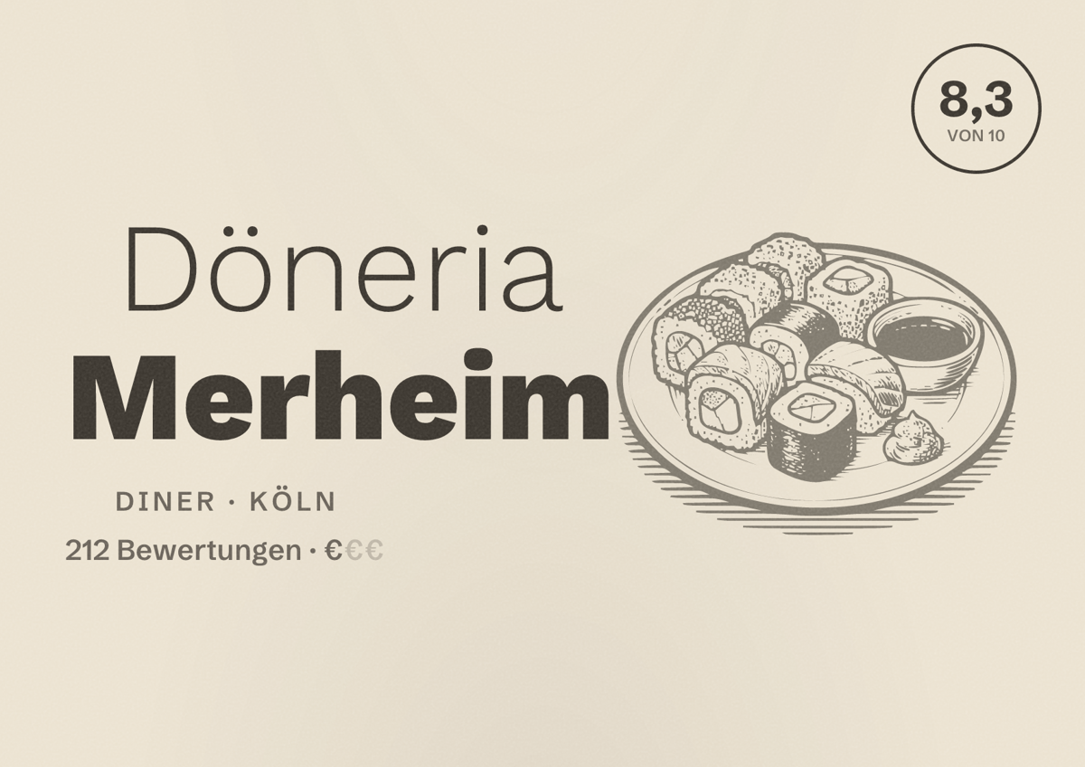 Illustriertes Poster von Döneria Merheim, Diner in Köln: Bewertung 8,3 von 10 aus 212 Bewertungen, Preisniveau €