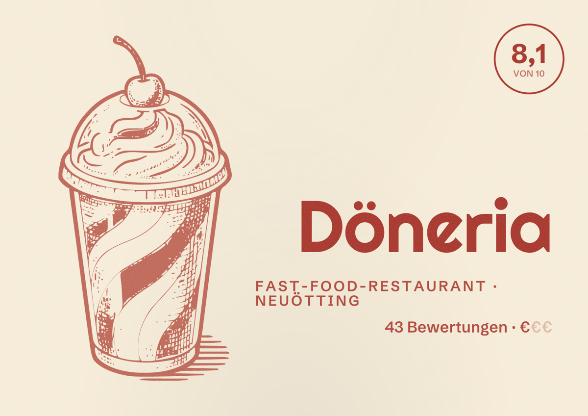 Illustriertes Poster von Döneria, Fast-Food-Restaurant in Neuötting: Bewertung 8,1 von 10 aus 43 Bewertungen, Preisniveau €