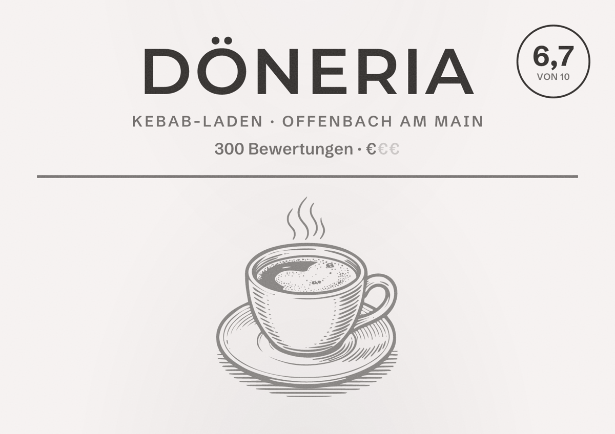 Illustriertes Poster von Döneria, Kebab-Laden in Offenbach am Main: Bewertung 6,7 von 10 aus 300 Bewertungen, Preisniveau €