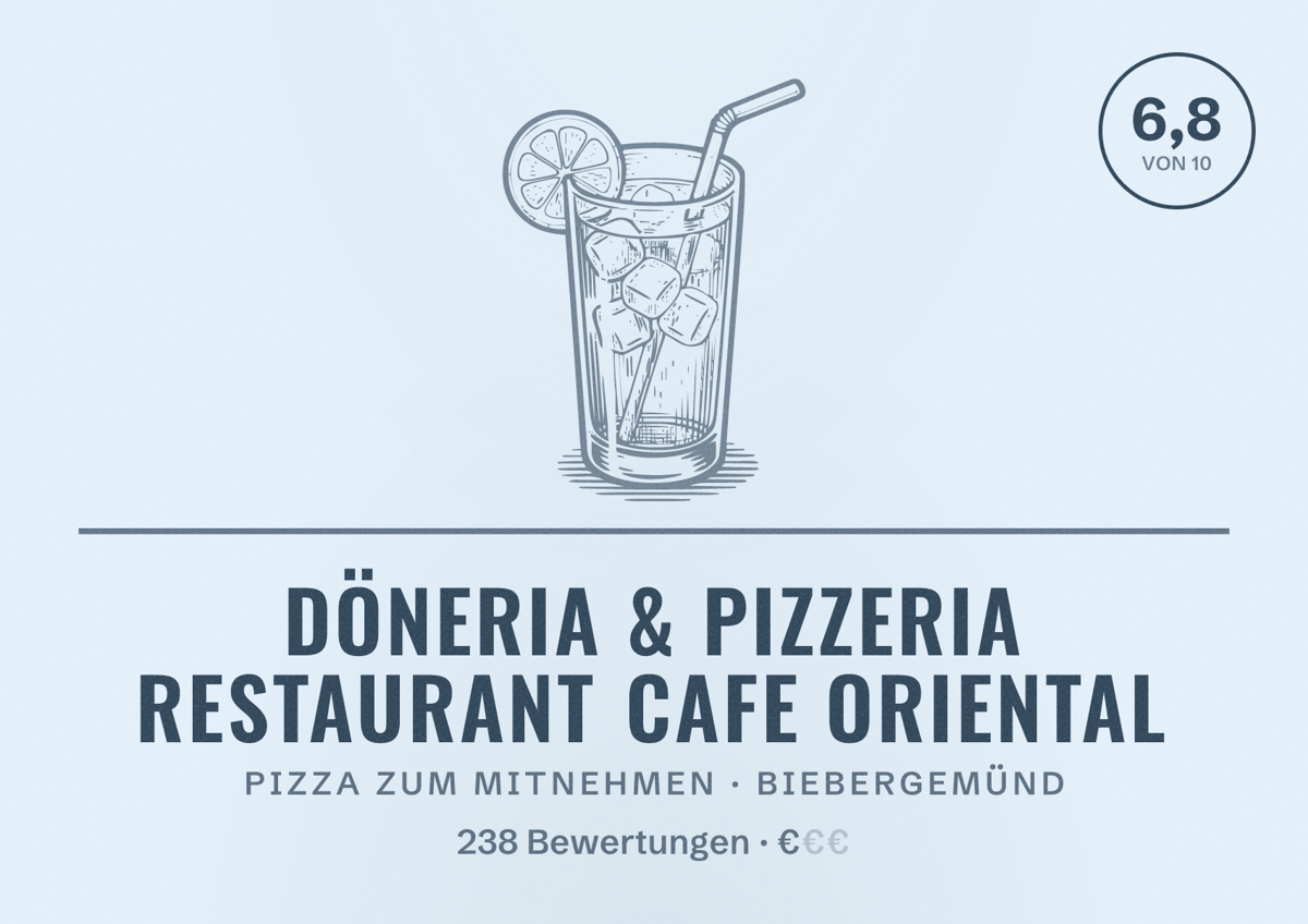 Illustriertes Poster von Döneria & Pizzeria Restaurant Cafe Oriental, Pizza zum Mitnehmen in Biebergemünd: Bewertung 6,8 von 10 aus 238 Bewertungen, Preisniveau €