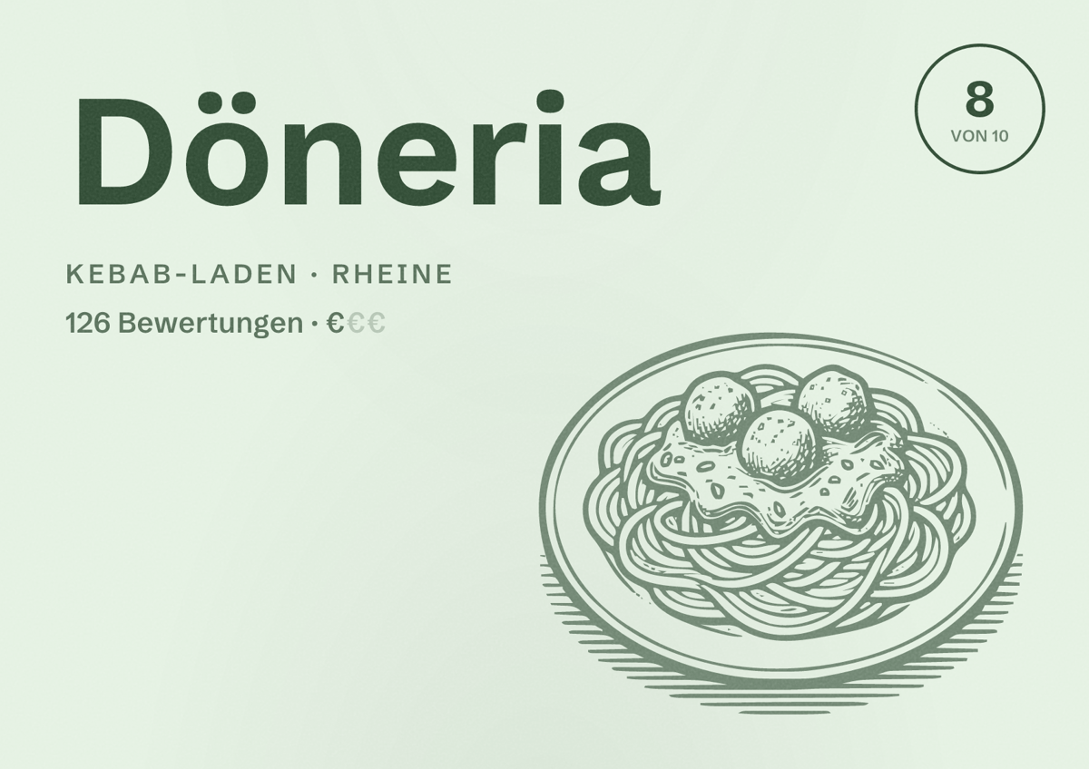 Illustriertes Poster von Döneria, Kebab-Laden in Rheine: Bewertung 8 von 10 aus 126 Bewertungen, Preisniveau €