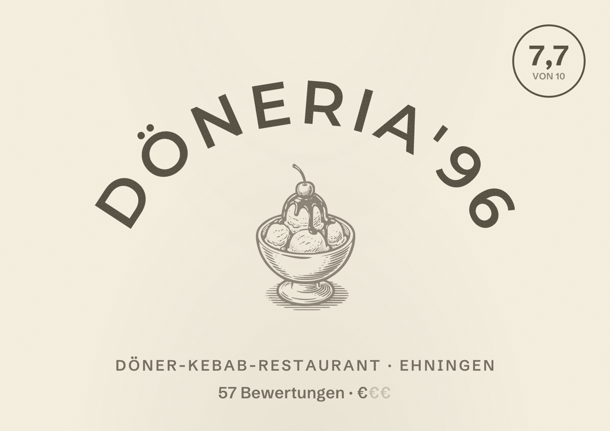 Illustriertes Poster von Döneria'96, Döner-Kebab-Restaurant in Ehningen: Bewertung 7,7 von 10 aus 57 Bewertungen, Preisniveau €