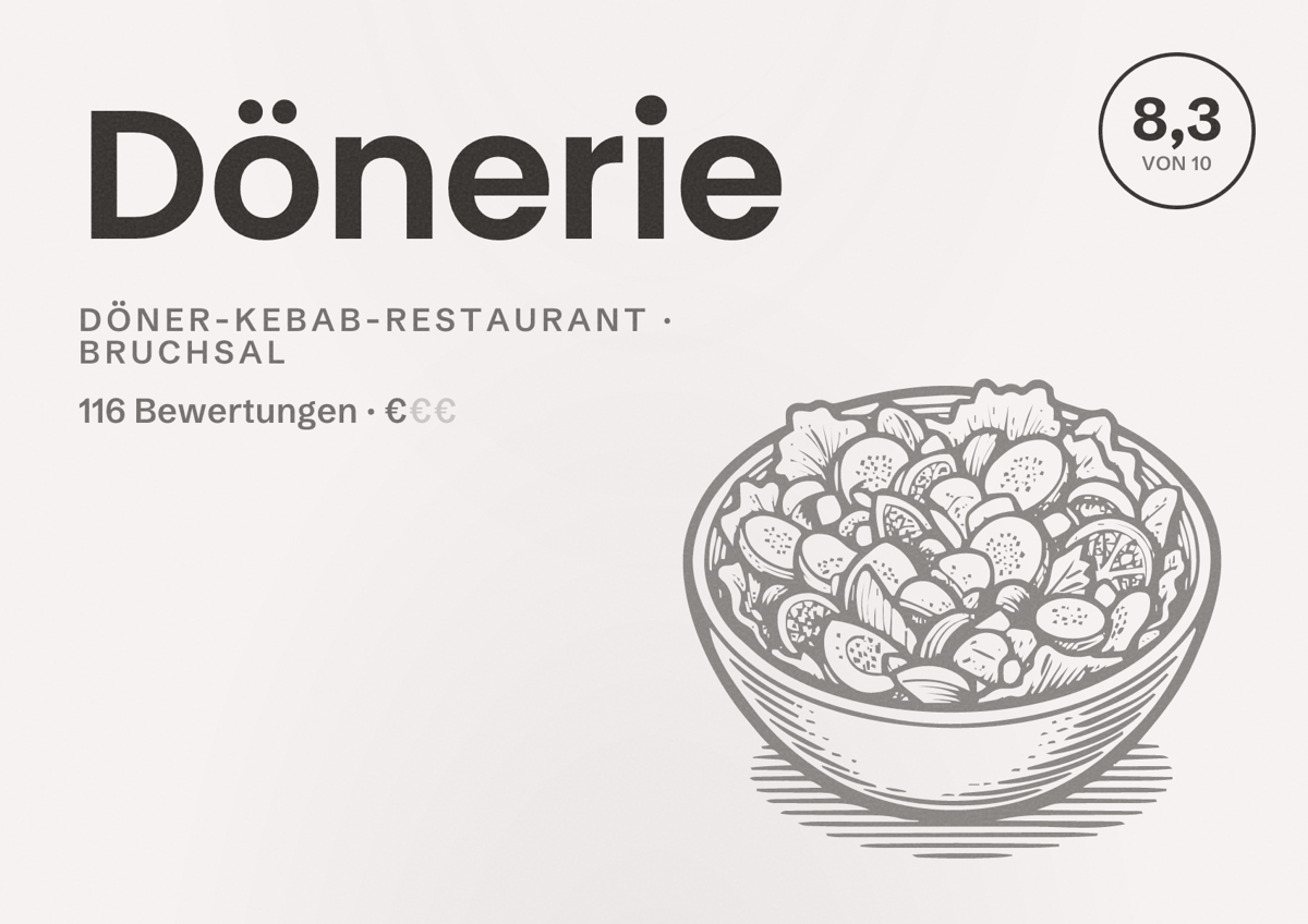 Illustriertes Poster von Dönerie, Döner-Kebab-Restaurant in Bruchsal: Bewertung 8,3 von 10 aus 116 Bewertungen, Preisniveau €
