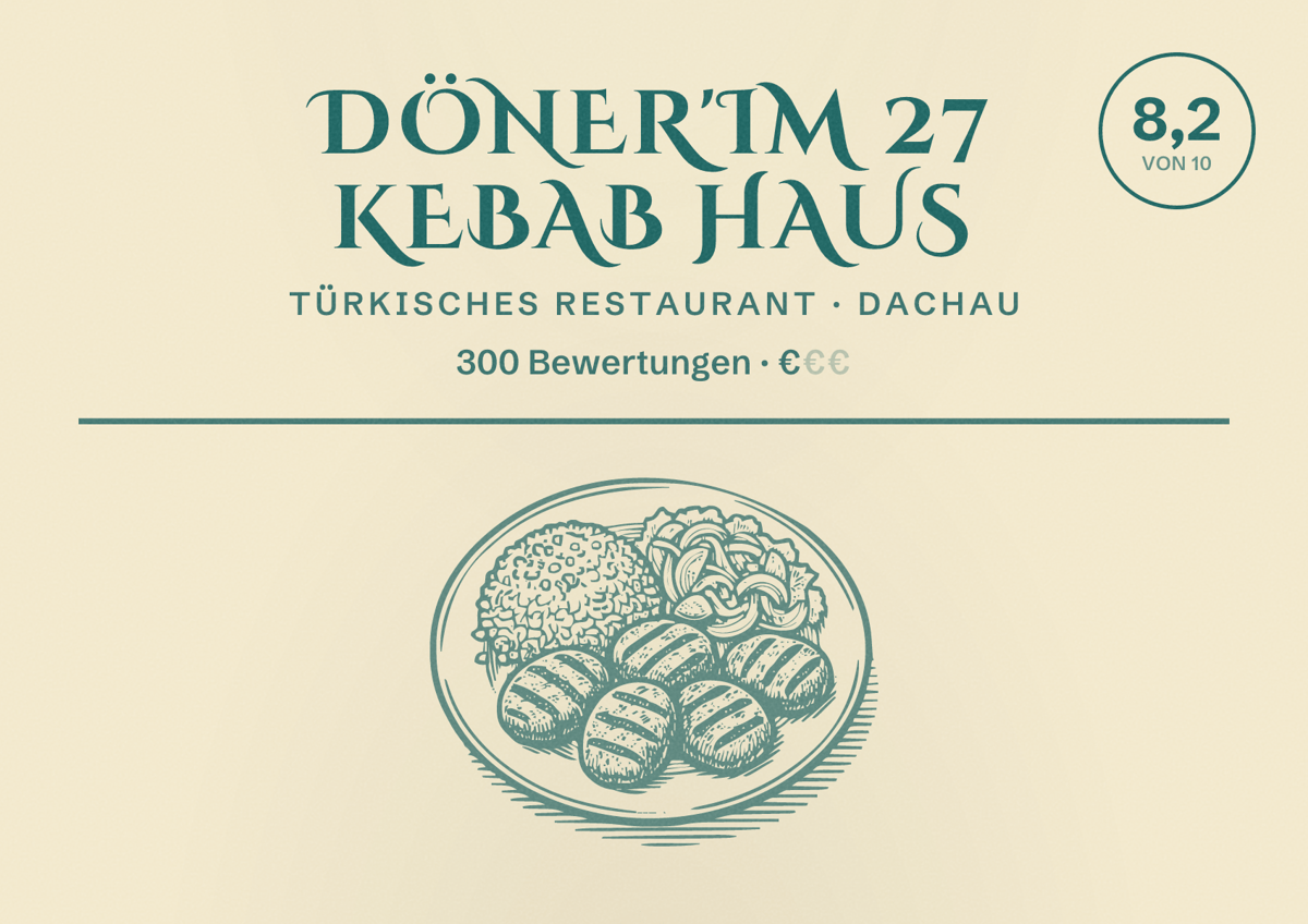 Illustriertes Poster von Döner'im 27 Kebab Haus, Türkisches Restaurant in Dachau: Bewertung 8,2 von 10 aus 300 Bewertungen, Preisniveau €