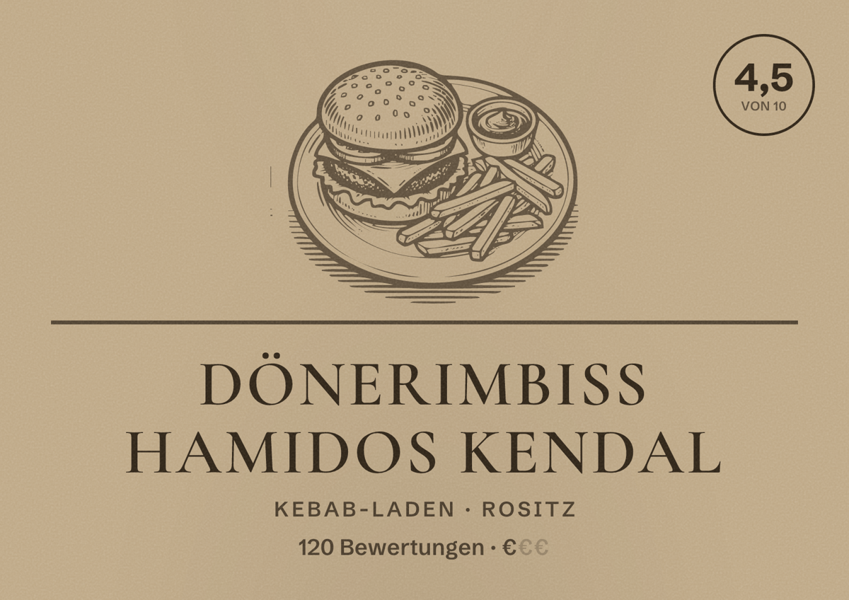 Illustriertes Poster von Dönerimbiss Hamidos Kendal, Kebab-Laden in Rositz: Bewertung 4,5 von 10 aus 120 Bewertungen, Preisniveau €