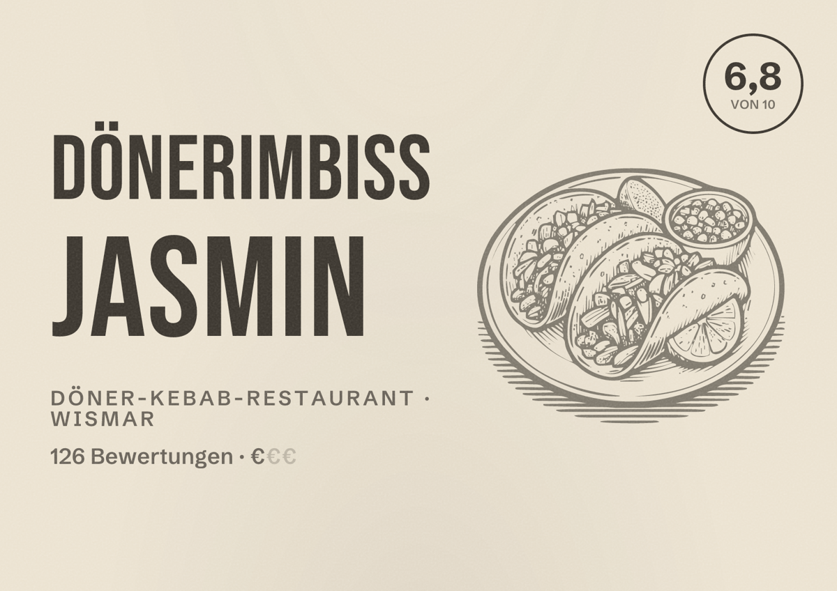 Illustriertes Poster von Dönerimbiss Jasmin, Döner-Kebab-Restaurant in Wismar: Bewertung 6,8 von 10 aus 126 Bewertungen, Preisniveau €