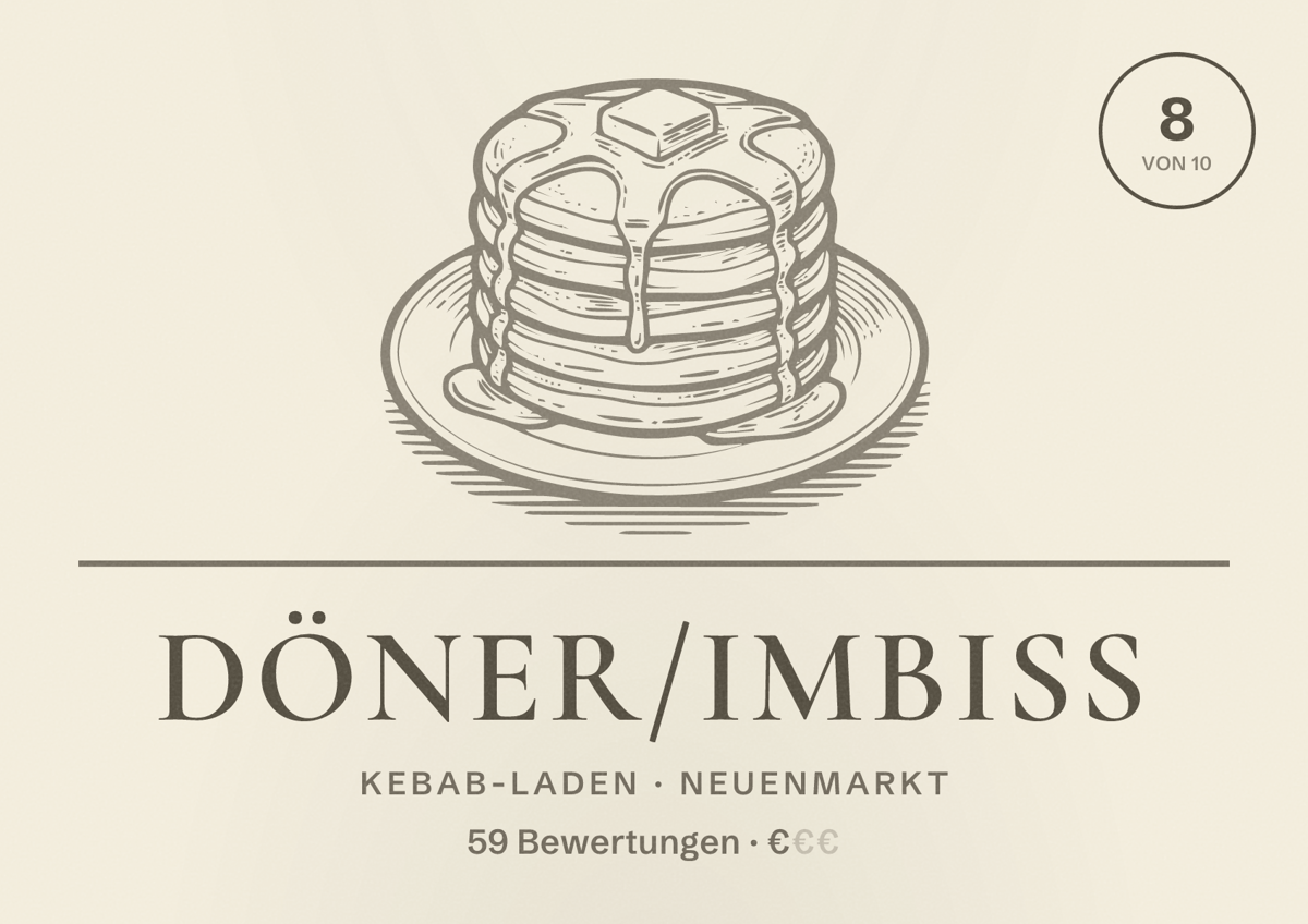 Illustriertes Poster von Döner/Imbiss, Kebab-Laden in Neuenmarkt: Bewertung 8 von 10 aus 59 Bewertungen, Preisniveau €